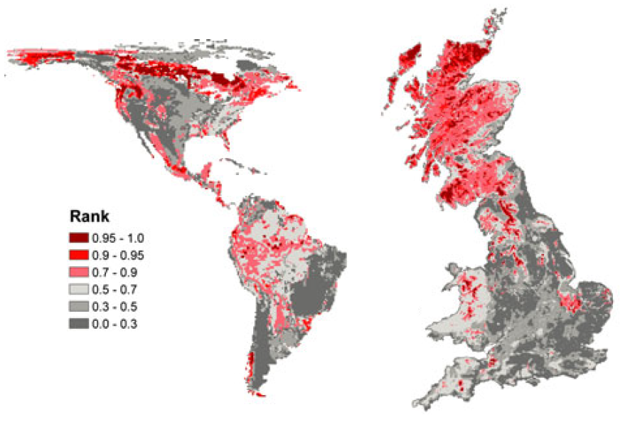Maps of priority areas for carbon storage in the Americas and the UK. Taken from Thomas et al 2013.
